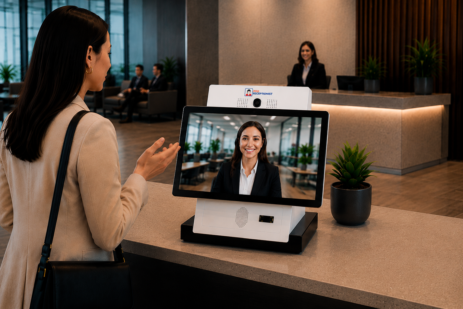 Réception numérique Teleportel avec écran pour l'accueil vidéo et la gestion des visiteurs.