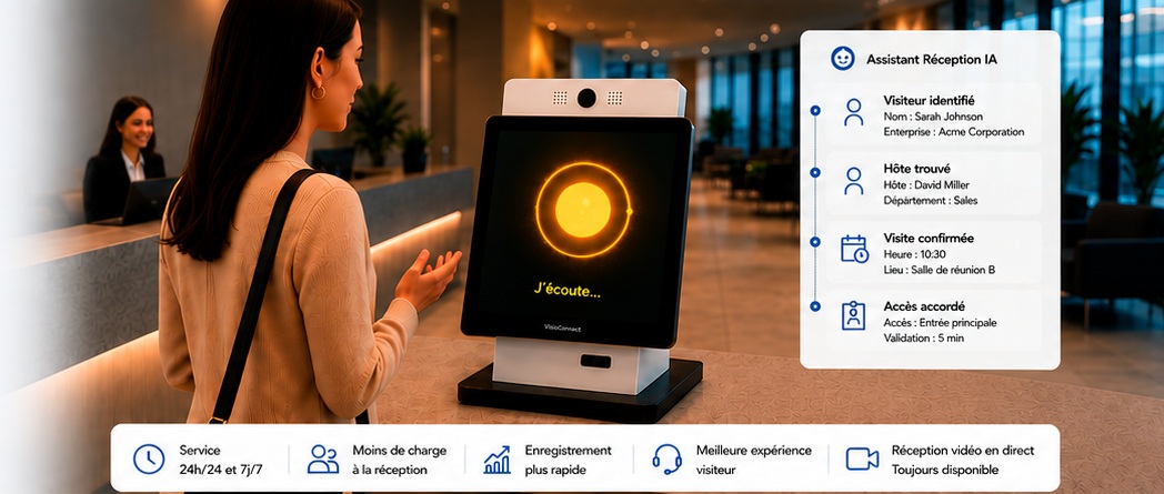 Une visiteuse échange avec un kiosque d'accueil numérique doté d'un assistant IA