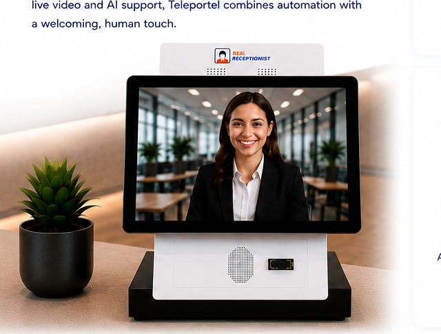 Digital reception kiosk with a live video receptionist