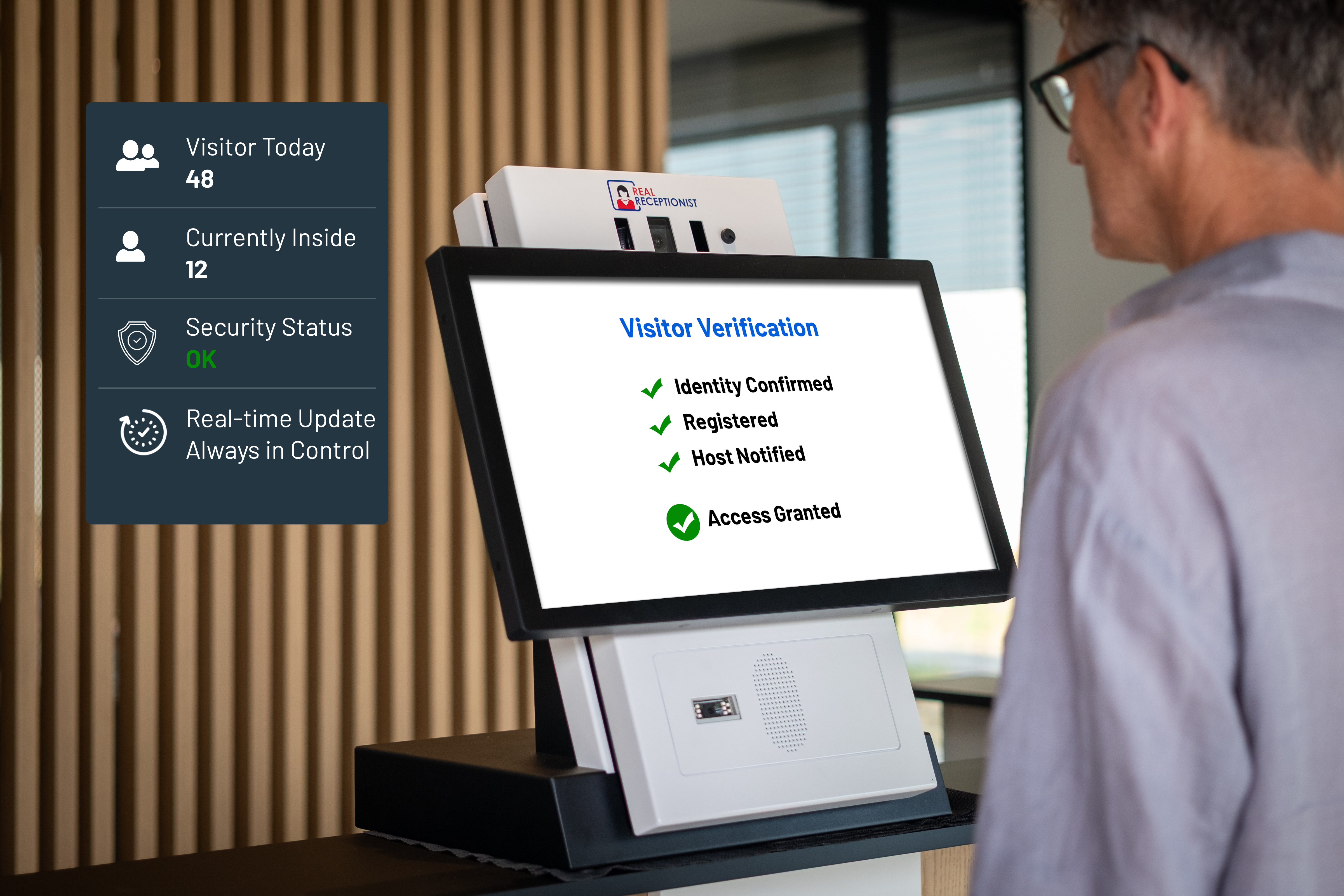 Sichere Besucherregistrierung with identity verification, access management and badge printer