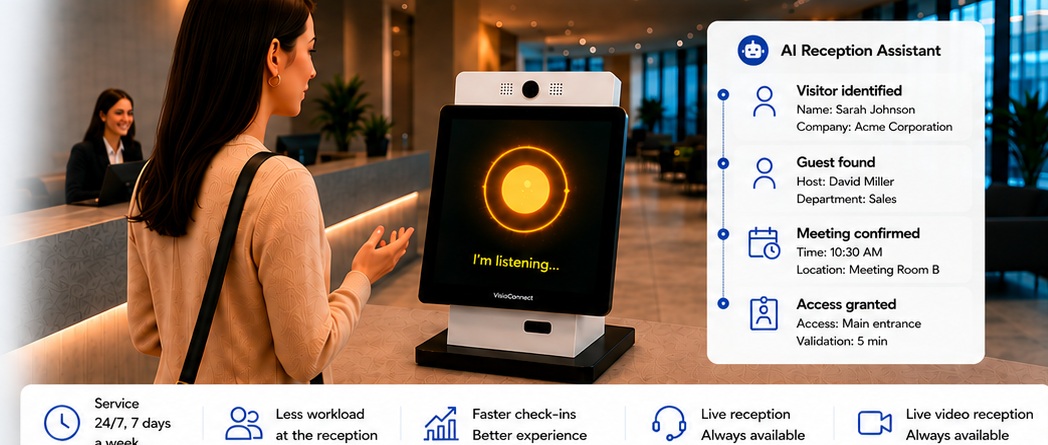 Visitor speaking with a digital reception kiosk with an AI assistant