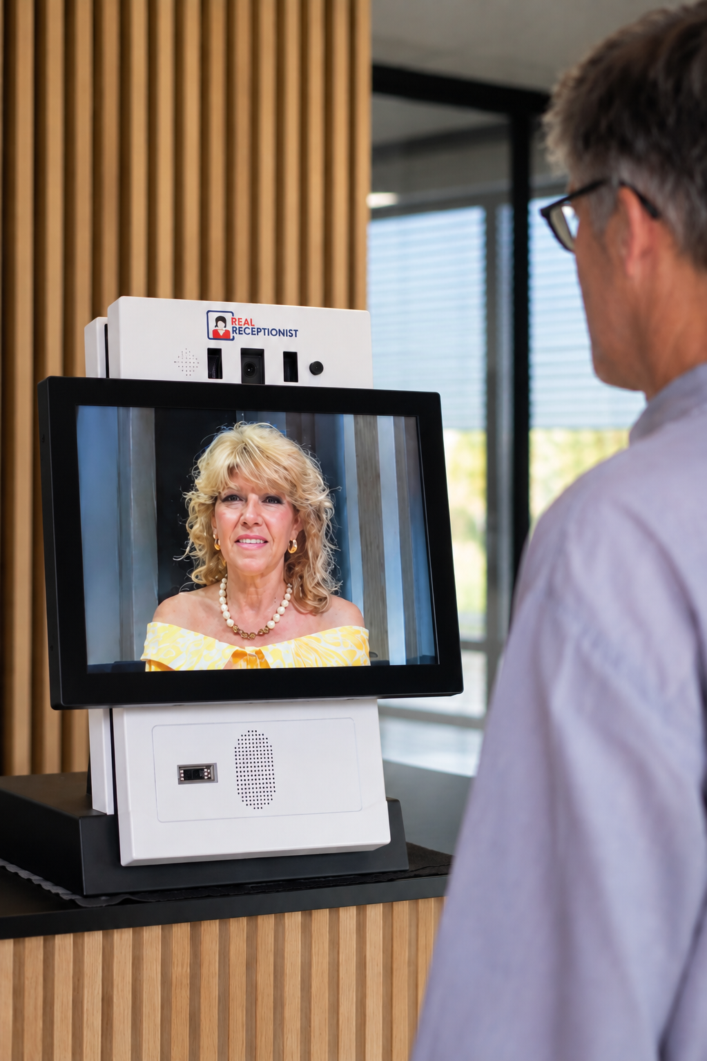 Guest speaking with a remote receptionist through a Teleportel 2D reception kiosk