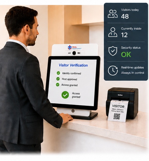 Secure visitor registration with identity verification, access management and badge printer