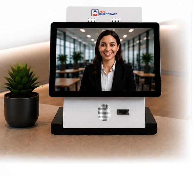 Digitale receptiekiosk met een live videoreceptionist