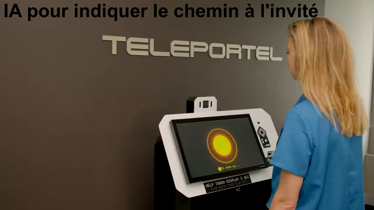 Le réceptionniste IA de Teleportel utilise ses connaissances en guidage (Wayfinding) pour indiquer le chemin à l'invité, tant à l'intérieur qu'à l'extérieur du bâtiment.
