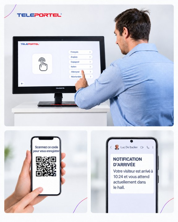 Visiteur utilisant une borne d’accueil avec QR code pour s’enregistrer