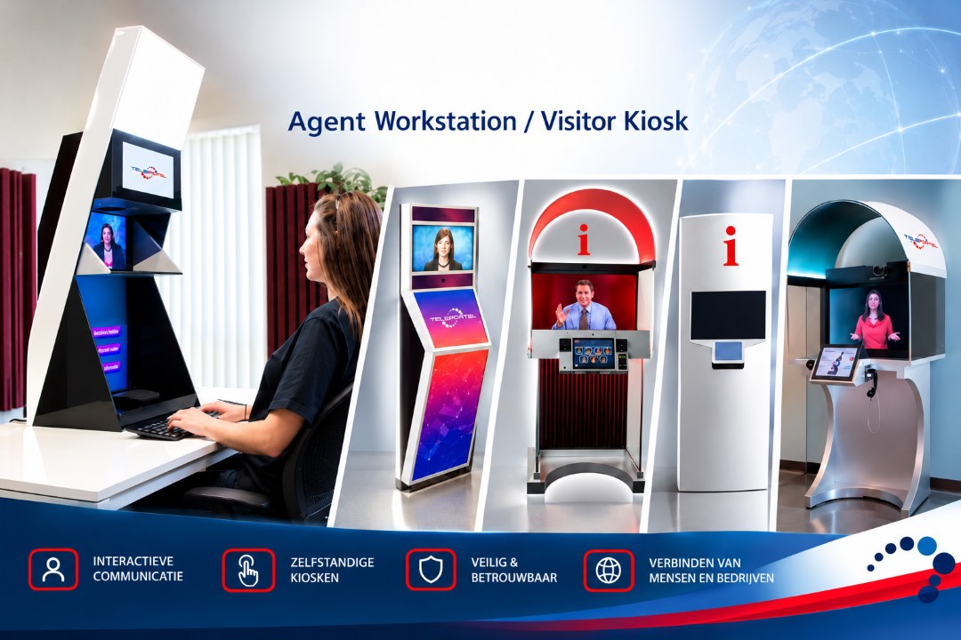 Agent Workstation en verschillende Visitor Kiosks voor professionele ontvangst en ondersteuning van bezoekers op afstand
